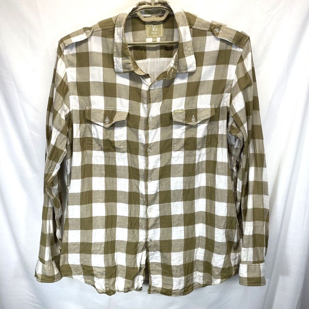 LR Geans Men's Flannel Button Up Shirt Tan White Check Workwear Casual Western